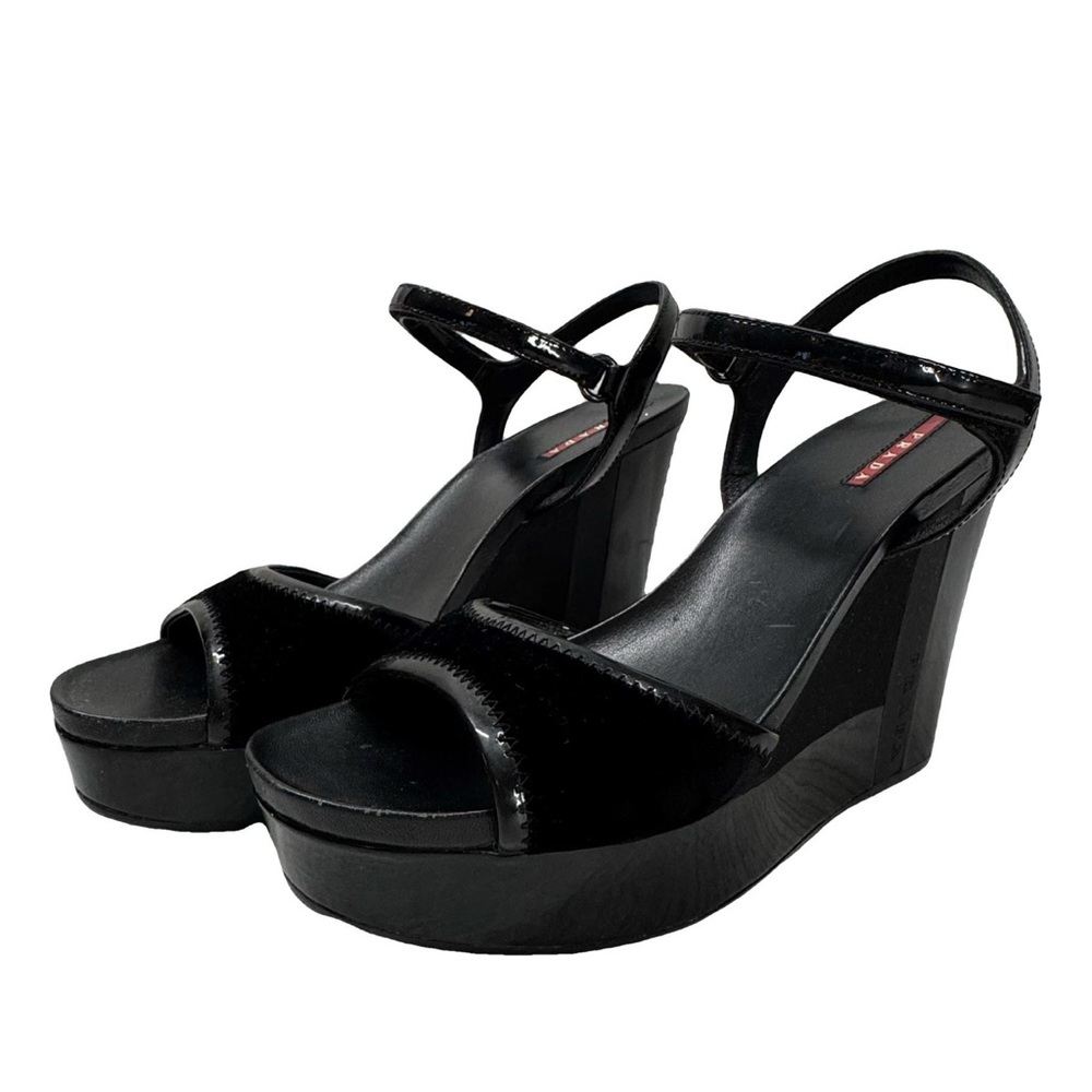 PRADA Black Patent and Velvet Wedges with ankle straps Sz 9